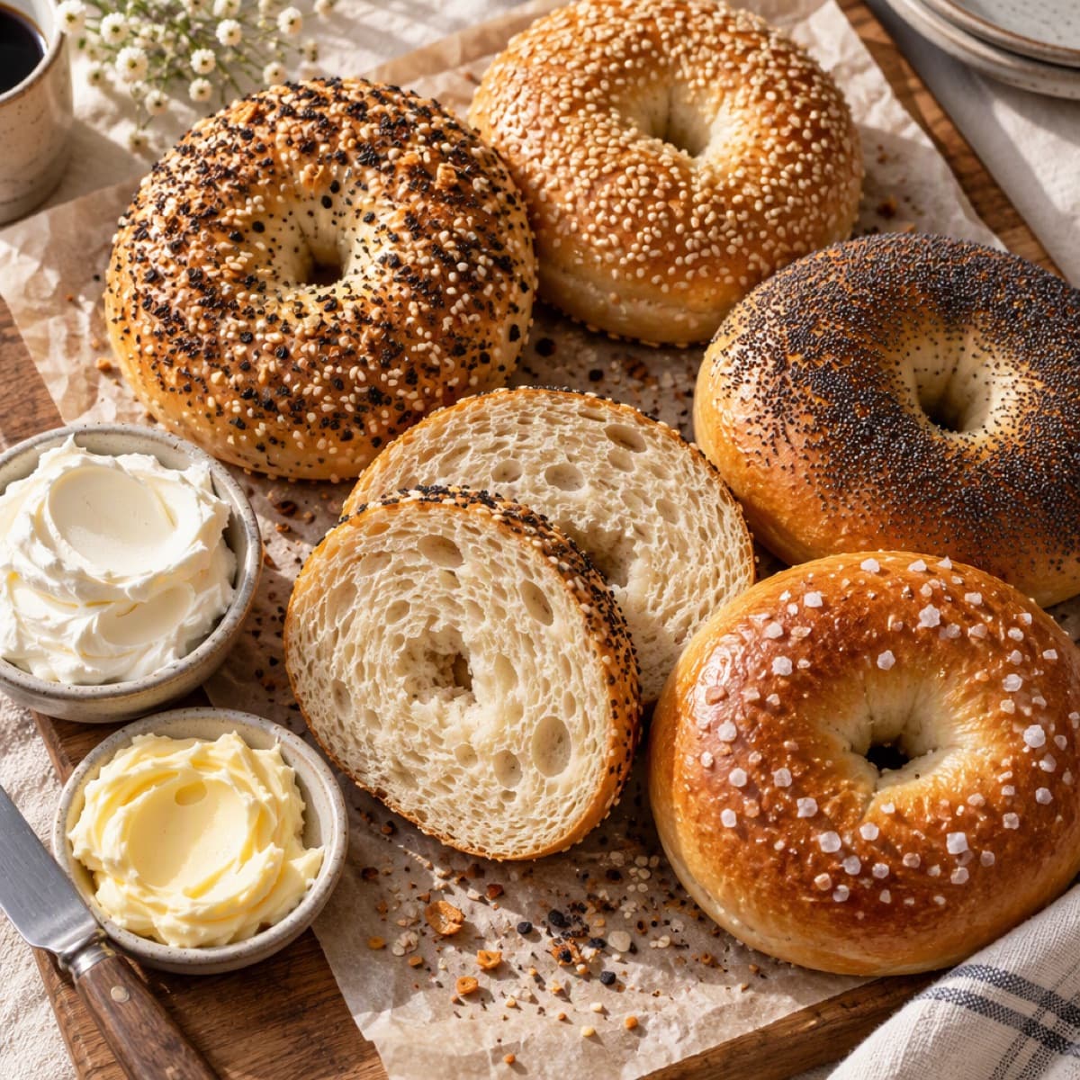 A board of seeded bagels, one sliced open to show the crumb, with butter and cream cheese beside it