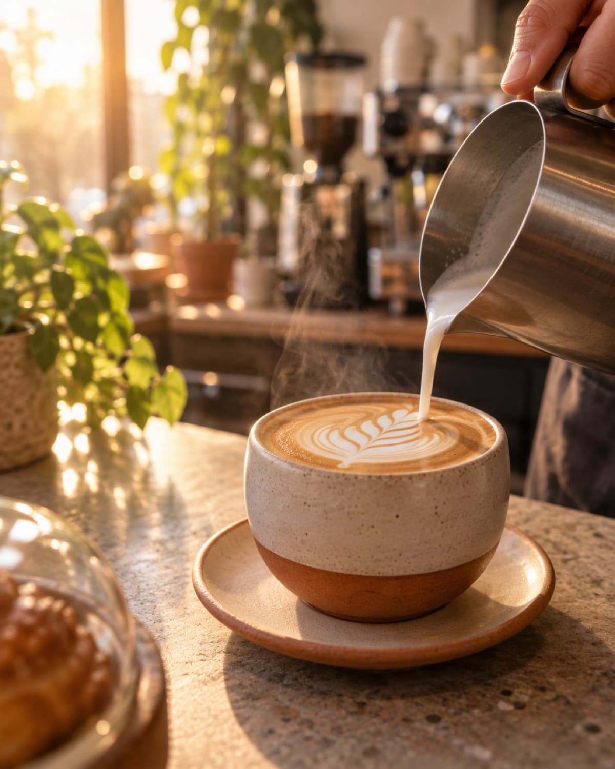 Milk being poured from a steel pitcher into a flat white with leaf latte art, steam catching the light