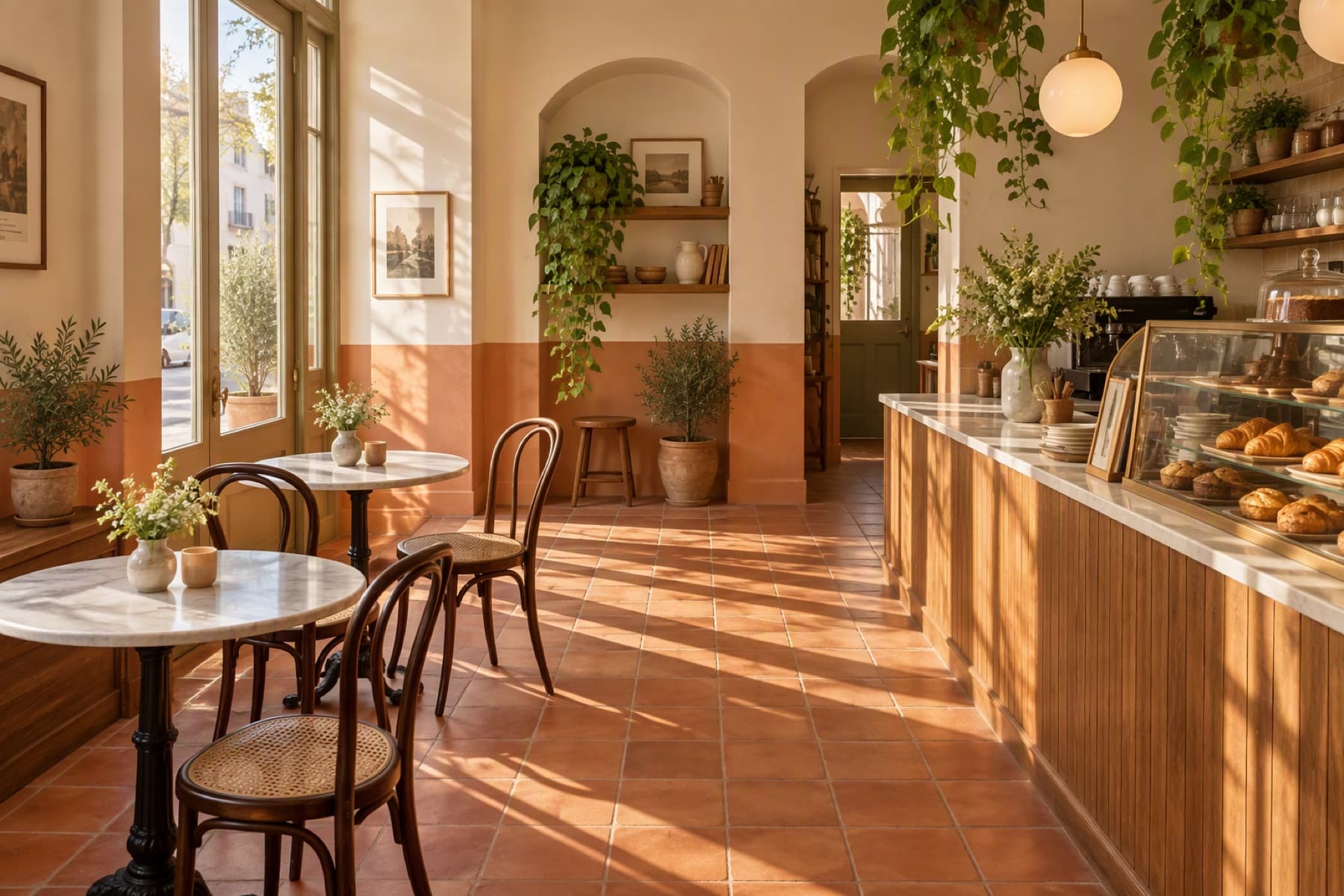 Sunlit cafe interior with marble tables, bentwood chairs, hanging plants and a glass pastry case