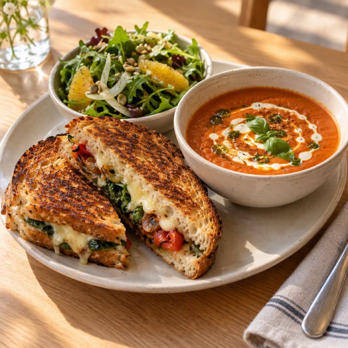 A pressed toastie cut in half, a bowl of tomato soup and a citrus salad on a pale wooden table