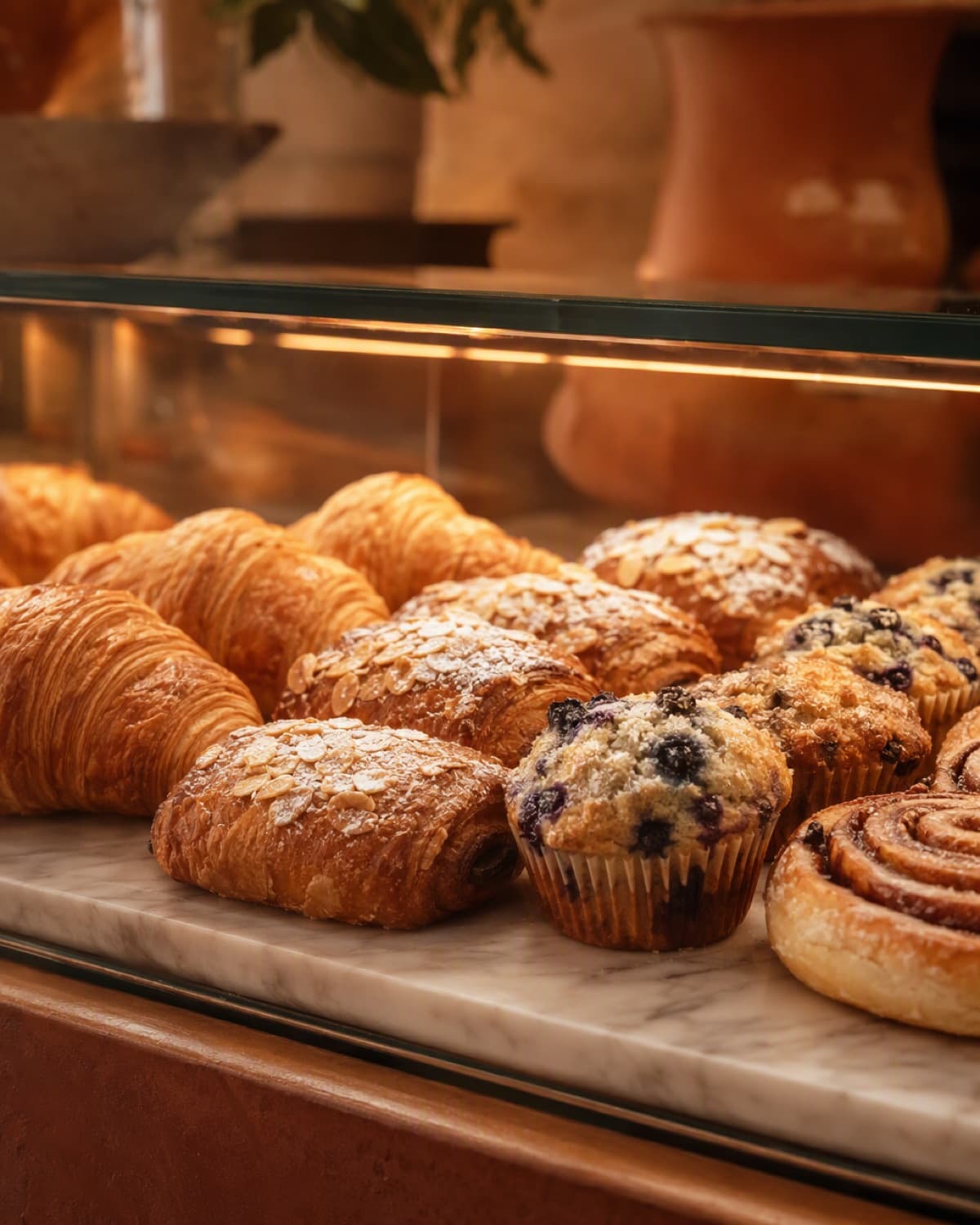 Croissants, almond pastries and blueberry muffins arranged inside a glass display case