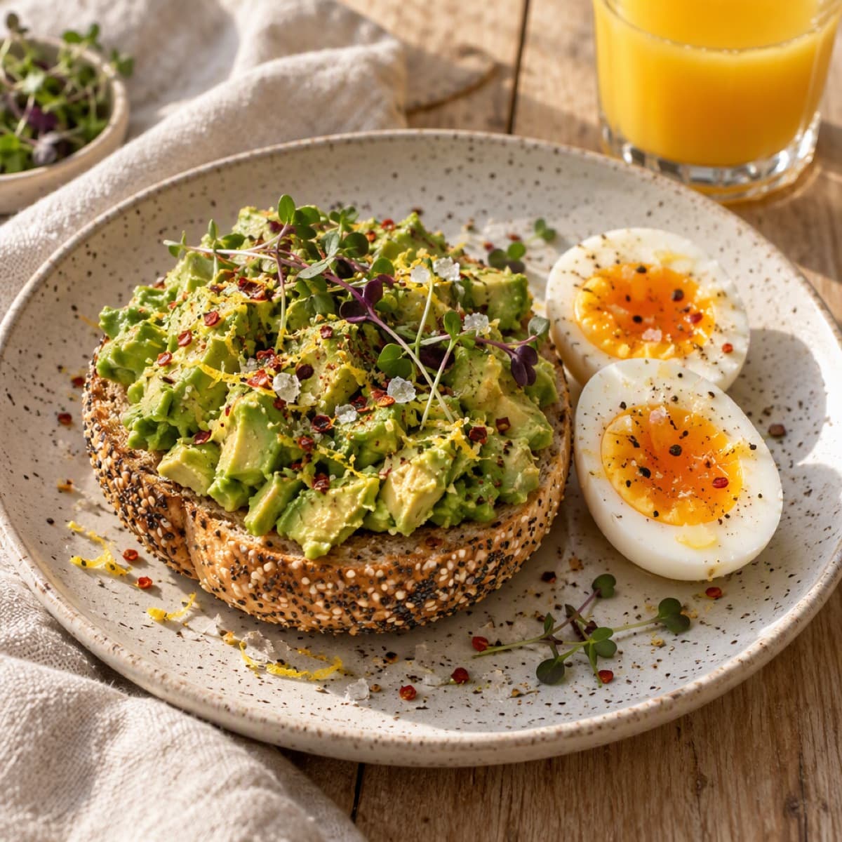 A seeded bagel open-faced with smashed avocado, microgreens, chilli flakes and soft-boiled egg halves